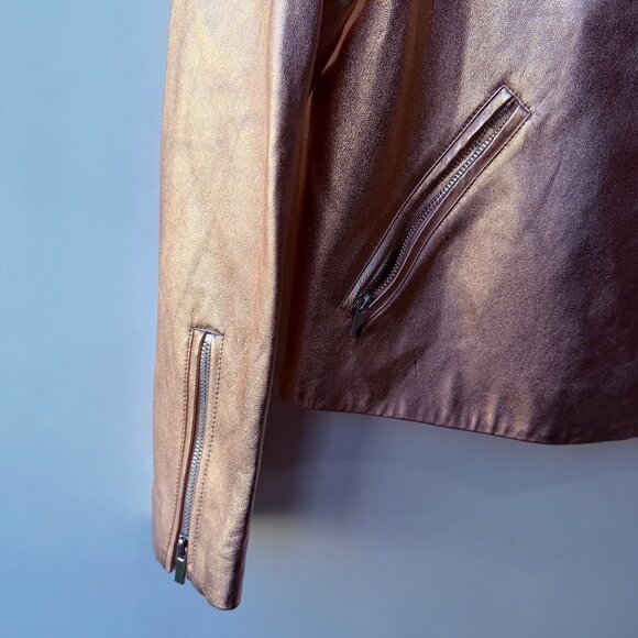 Neiman Marcus Rose Gold Metallic Leather Moto Jacket – Size M - Picture 6 of 11